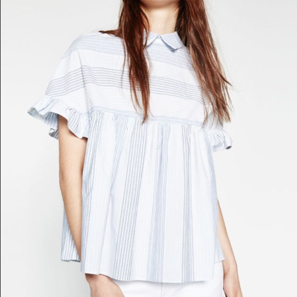 Zara TRF sky blue striped voluminous blouse